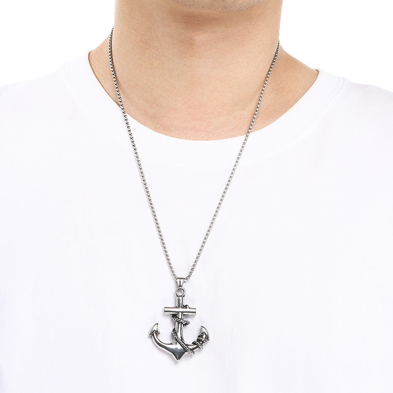 Dark Retro Nautical Rudder Pendant, Punk Retro Cross Skull Head Anchor Titanium Steel Necklace