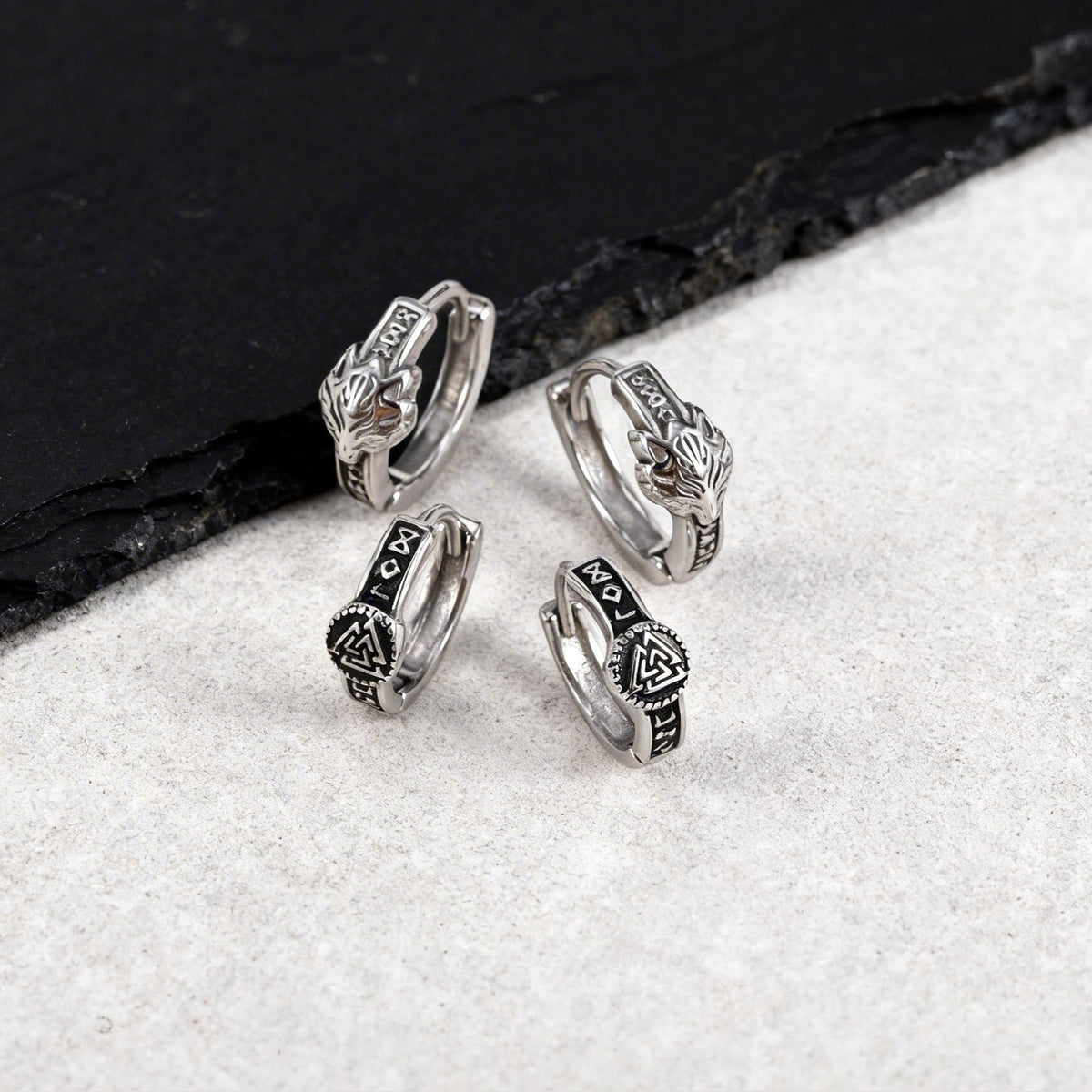Norse Symbol Hinged Hoop Earrings — 2 Silver Styles