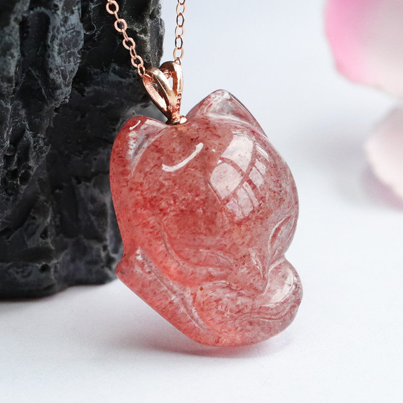 Strawberry Quartz Fox 925 Silver Pendant — No Chain