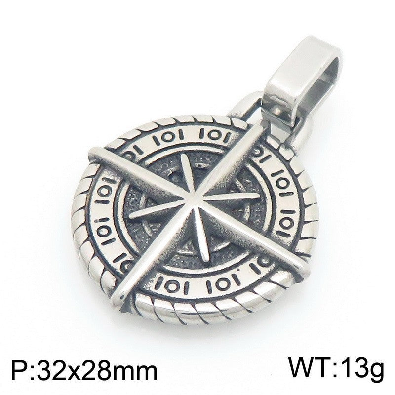 Compass Round, Punk Style Retro Coin Compass Stainless Steel Men's Pendant Necklace