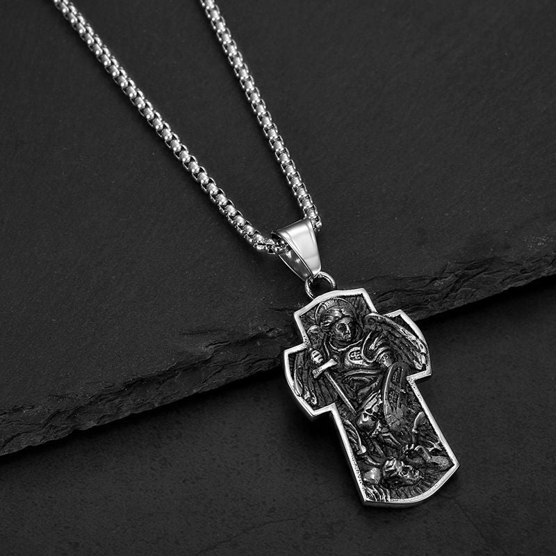 Archangel Michael Cross Necklace Unisex Stainless Steel Gold Plated Pendant Planderful Everyday Genie