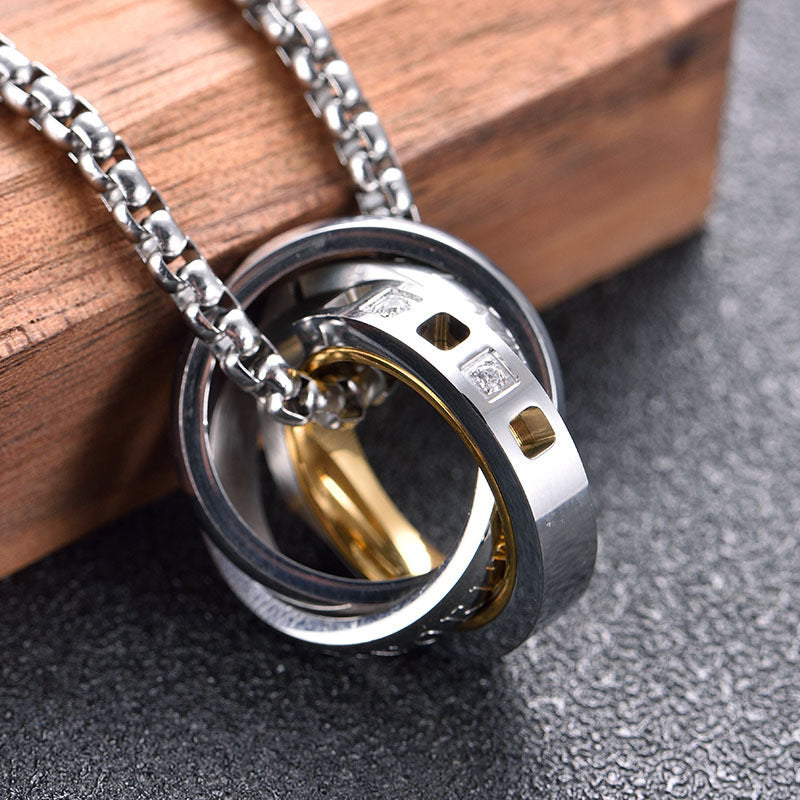 Planderful Three Ring Necklace for Men Hip Hop Style Titanium Steel Pendant Bold Streetwear Accessory