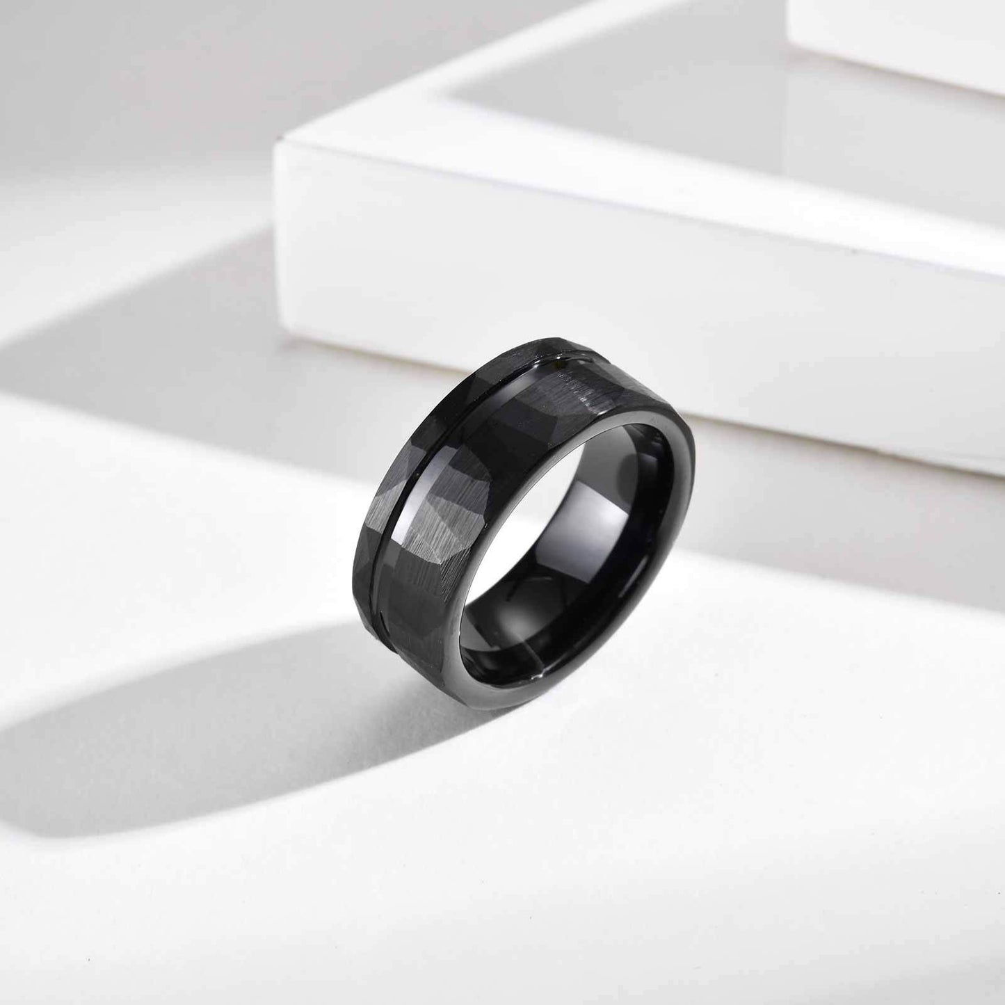 Black 8mm Tungsten Steel Ring Brushed Inner Hammer Texture