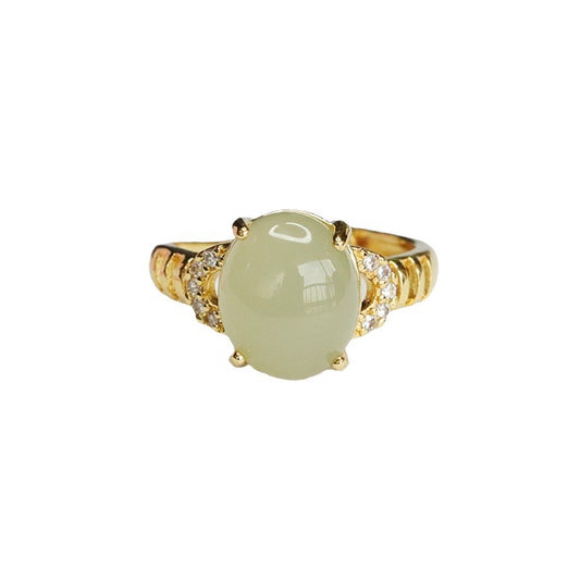 Elegant Sterling Silver Ring with Natural Hetian Jade and Zircon Embellishments