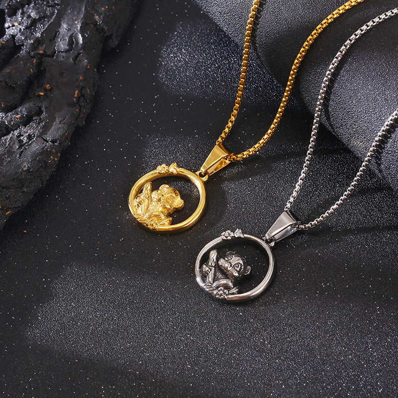 Creative Circle Hollow Red Panda Pendant in Titanium Steel for Men
