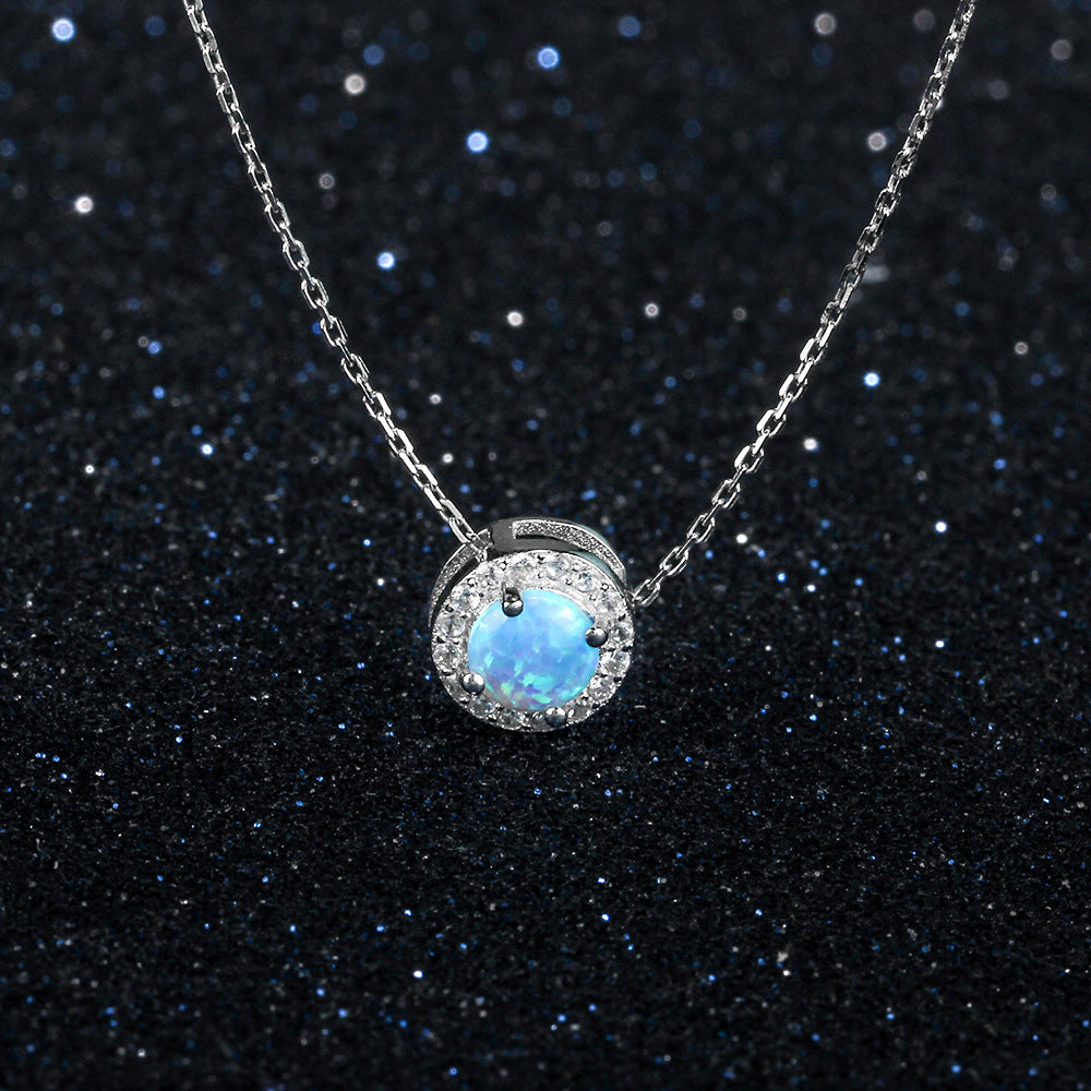 Planderful Jewelry Opal Necklace In Sterling Silver With European And American Style Zircon Halo Pendant