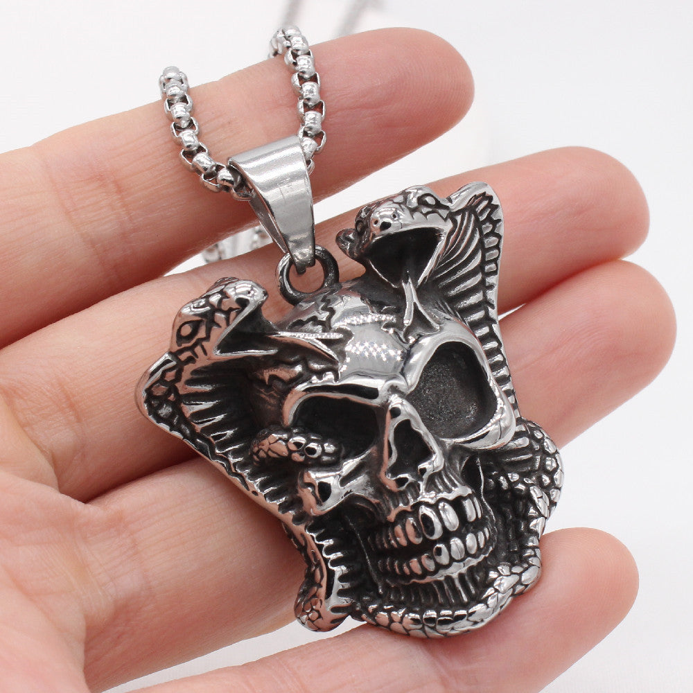 Personalized Retro Snake King Skull Pendant in Titanium Steel for Men - European and American Wholesale Jewelry