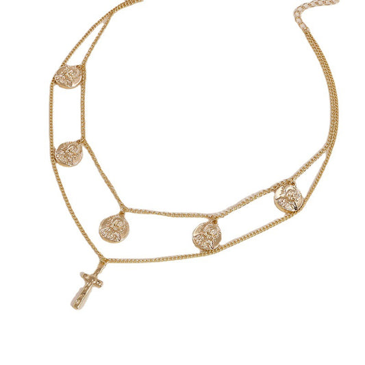 Vintage Cross Coin Pendant Necklace with Golden Chains for Women