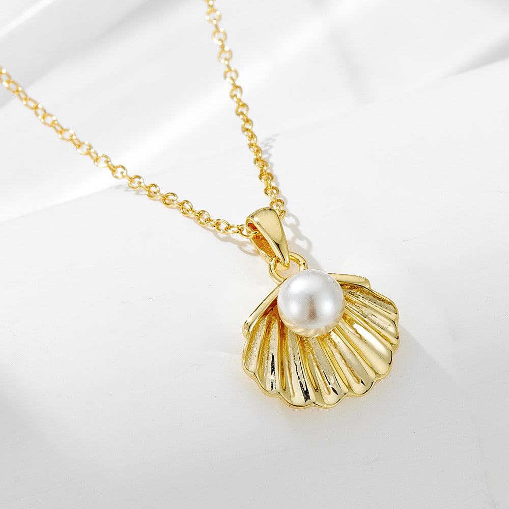S925 Sterling Silver Plated 14K Gold Pearl Shell Necklace