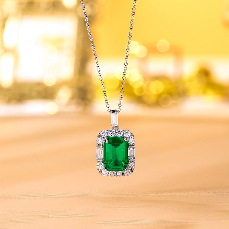 Halo 10 Carat Rectangle Synthetic Emerald Silver Necklace