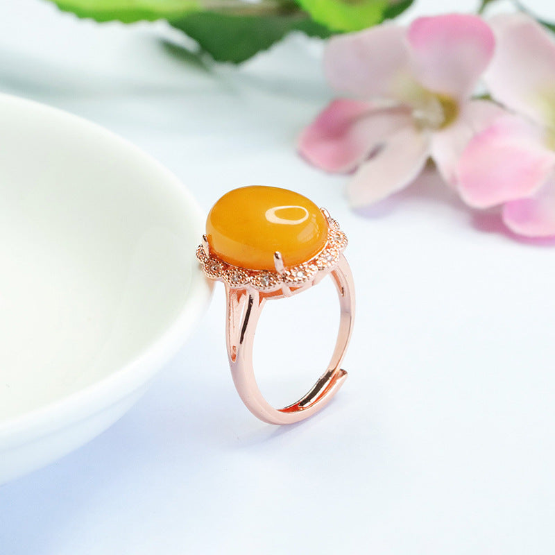 Floral Honeycomb Zircon Ring crafted from Natural Pigeon Egg Amber