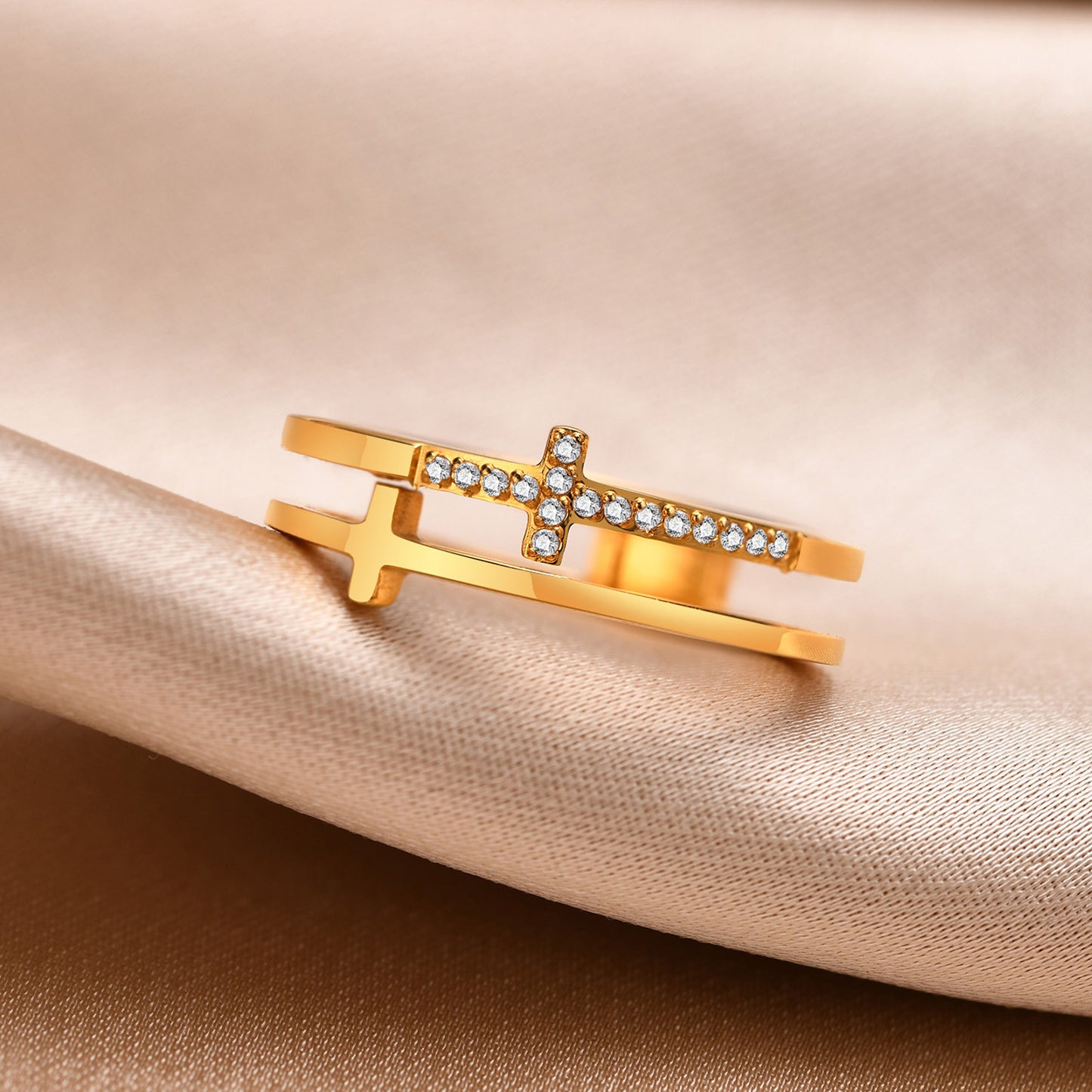 Stainless Steel Zircon Double Cross Ring Gold Women's Fashion