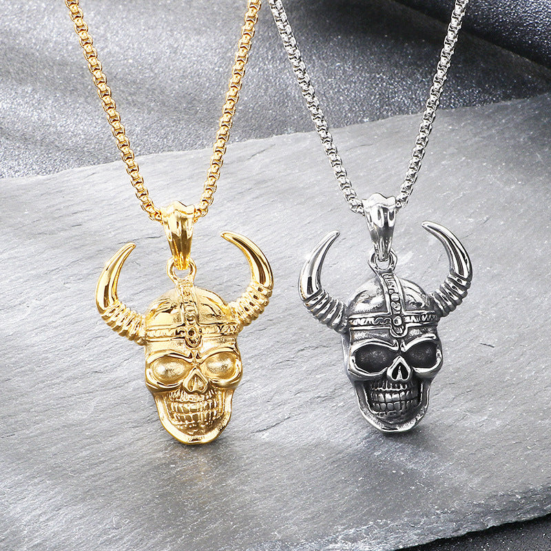 Enjoy The Punk Style Bull Head Pendant, Nordic Viking War Helmet Horn Skull Necklace