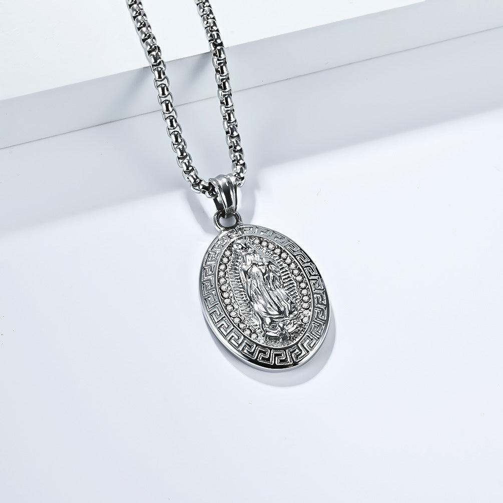 Planderful Virgin Mary Oval Pendant Necklace Titanium Steel Unisex Jewelry European Retro Relief Portrait