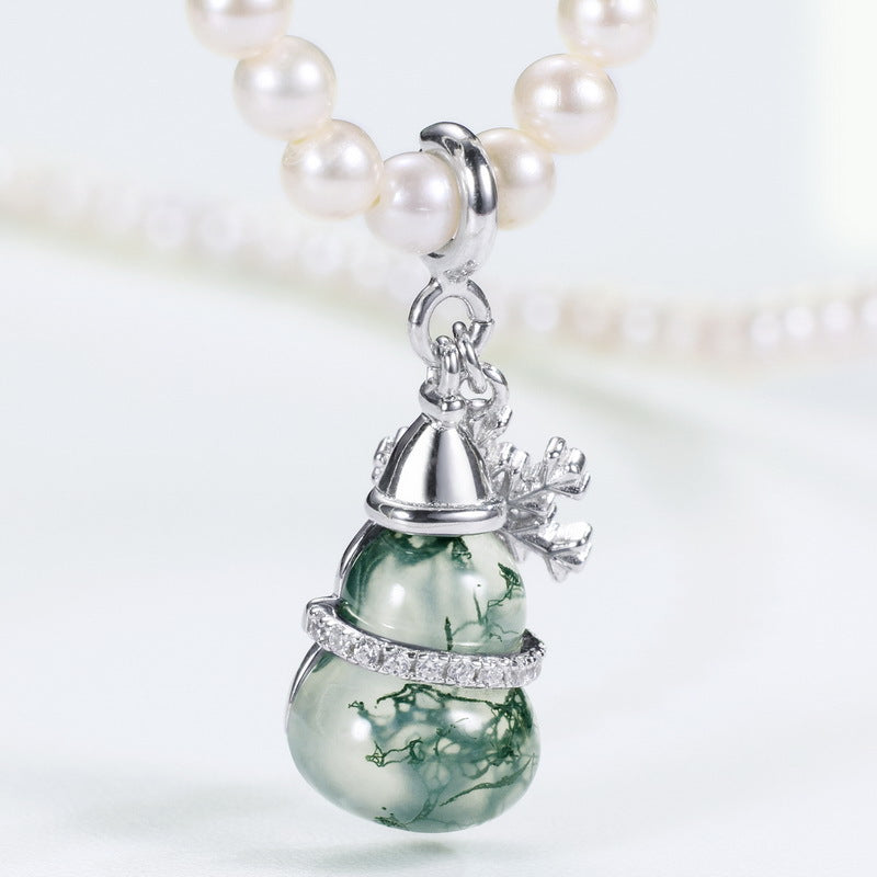 Planderful Everyday Genie – Fashion Personalized Versatile Aquatic Agate Gourd Pendant S925 Silver Inlaid Green Moss Necklace Snowflake Item