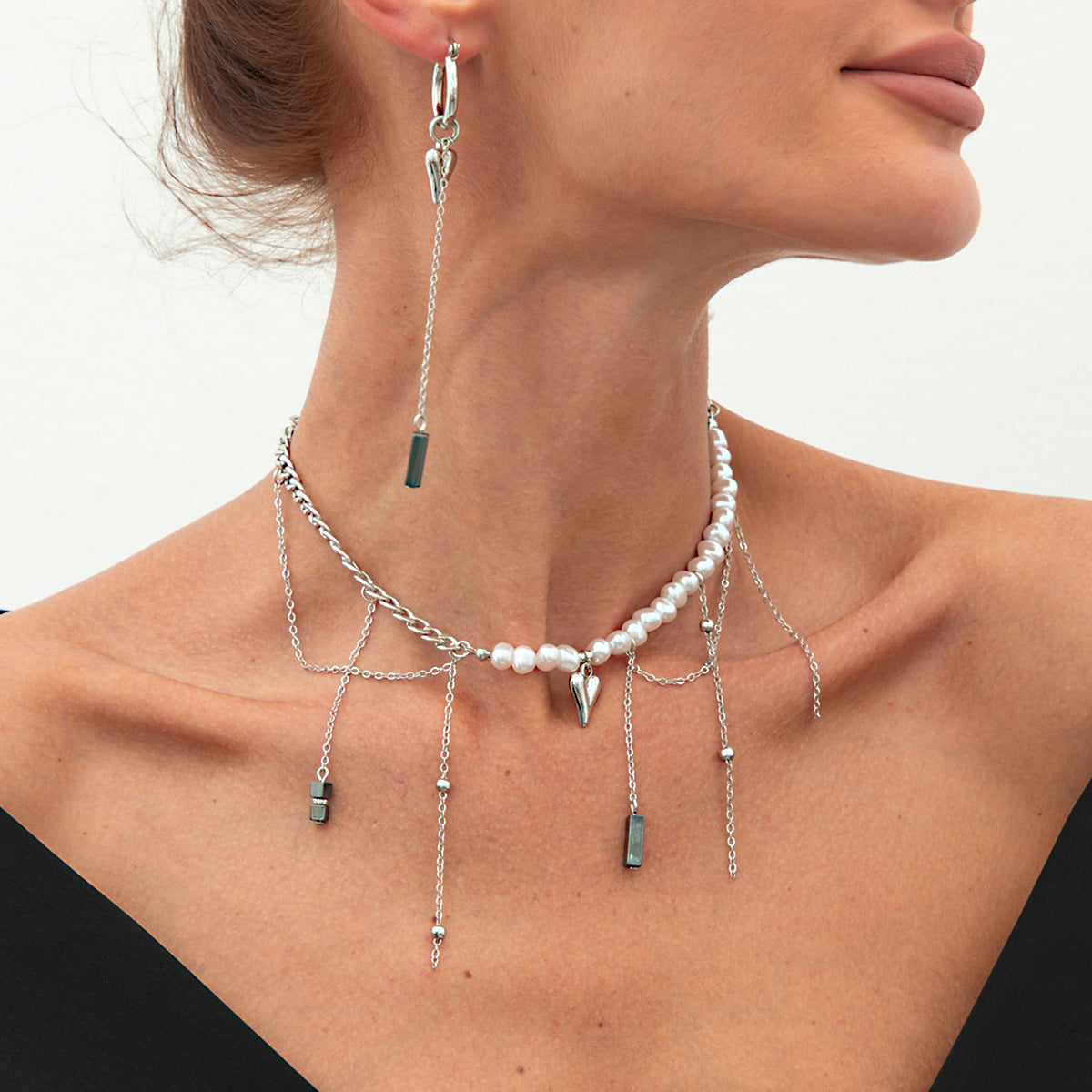 Asymmetrical Heart Pearl Jewelry Set