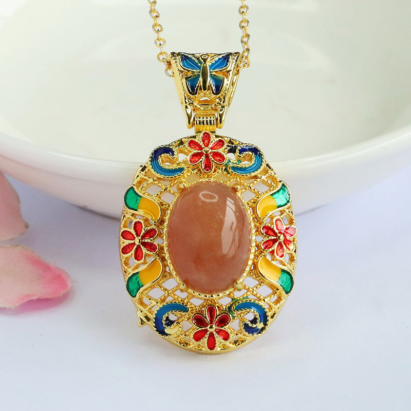 Orange Moonstone Enamel Petal Pendant — No Chain