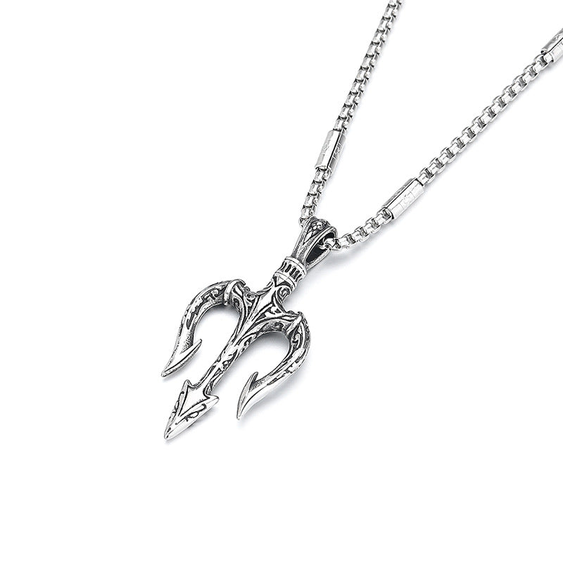 Steel Necklace - Vintage Statement Trident Pendant For Men Everyday Wear Hip Hop Style Planderful