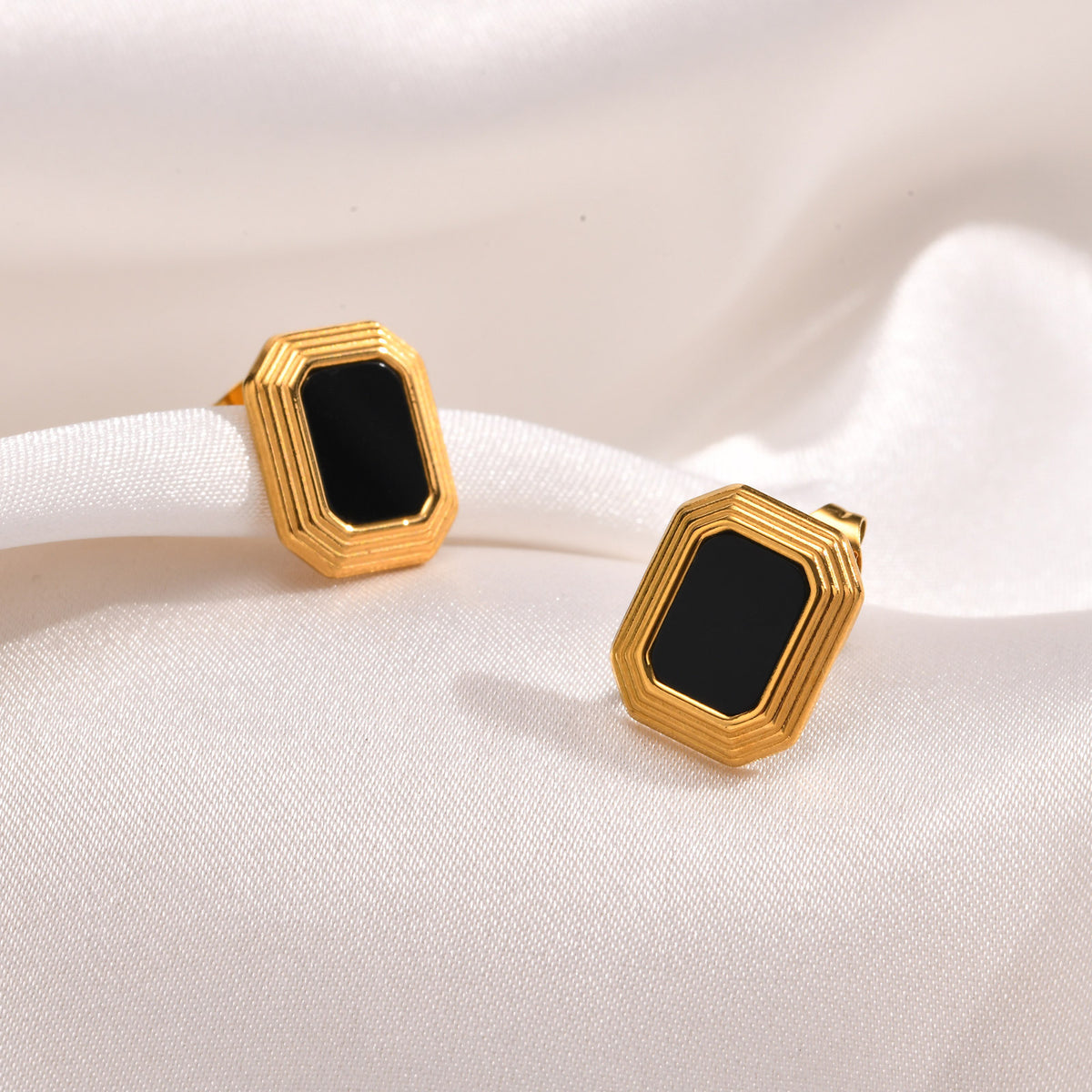 Gold-Tone Black Geometric Stud Earrings