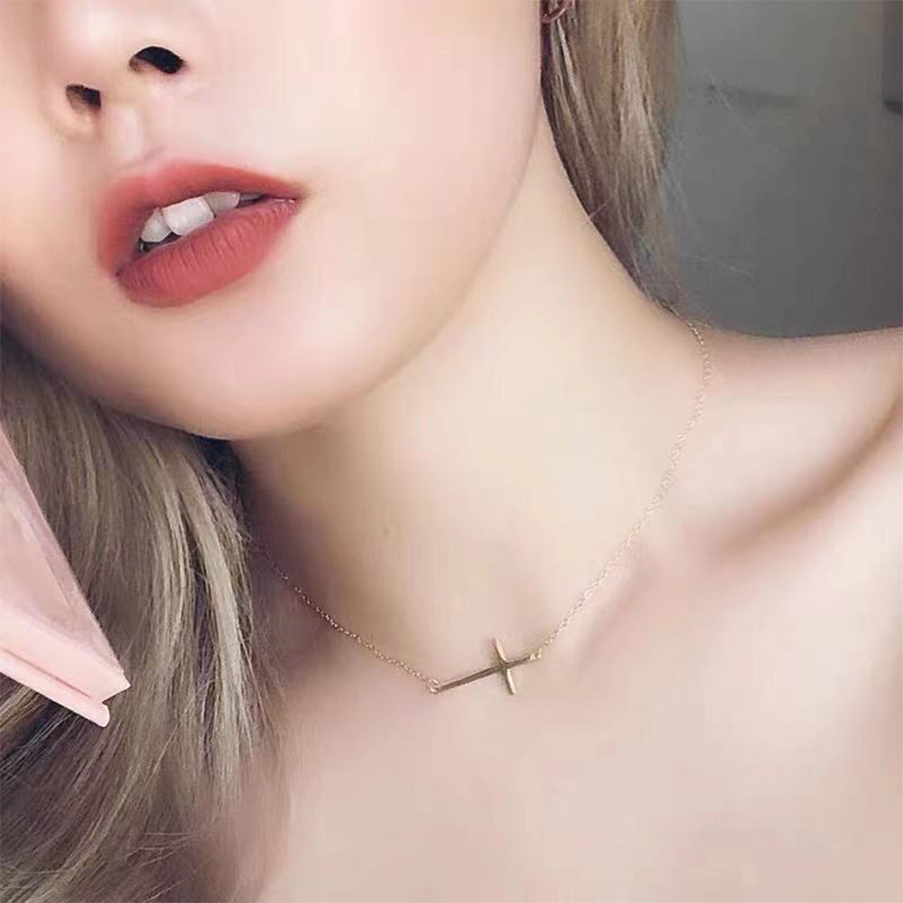 INS Wind Horizontal Bar Cross Necklace 928 Silver Jewelry