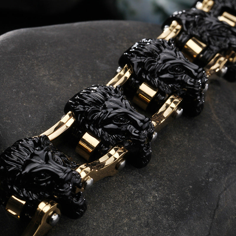 Titanium Steel Wolf Head and Lion Head Bracelets for Men, Exaggerated Bicycle Chain Design in Stainless Steel