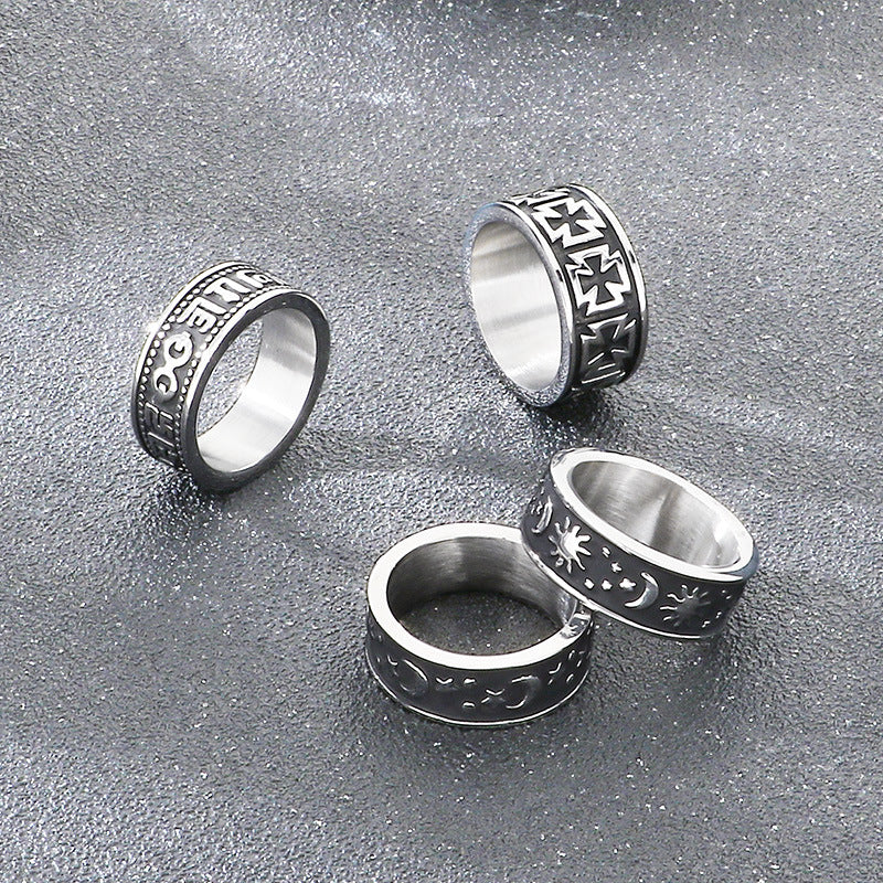 Retro Sun And Moon Tonghui Stainless Steel Ring, Punk Cross Star Moon Stainless