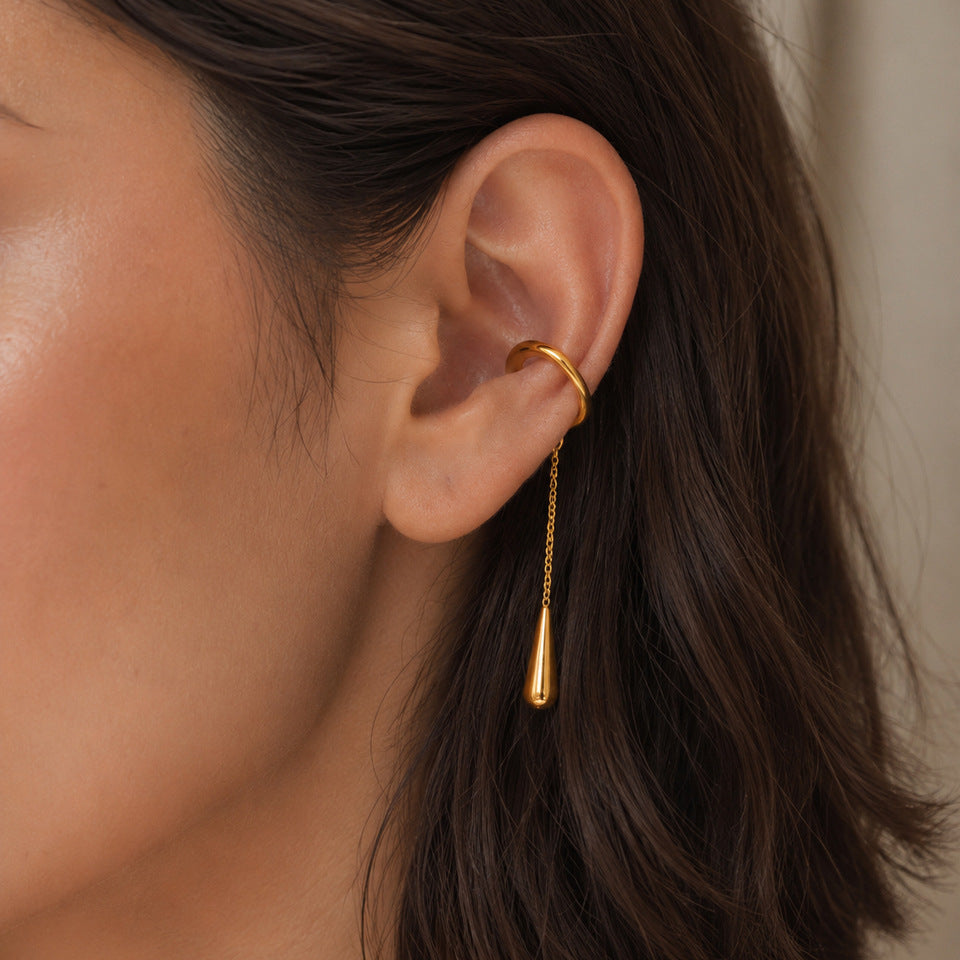 Planderful Vienna Verve Stainless Steel Water Drop Ear Clips No Piercing Tassel Chain for Modern Women