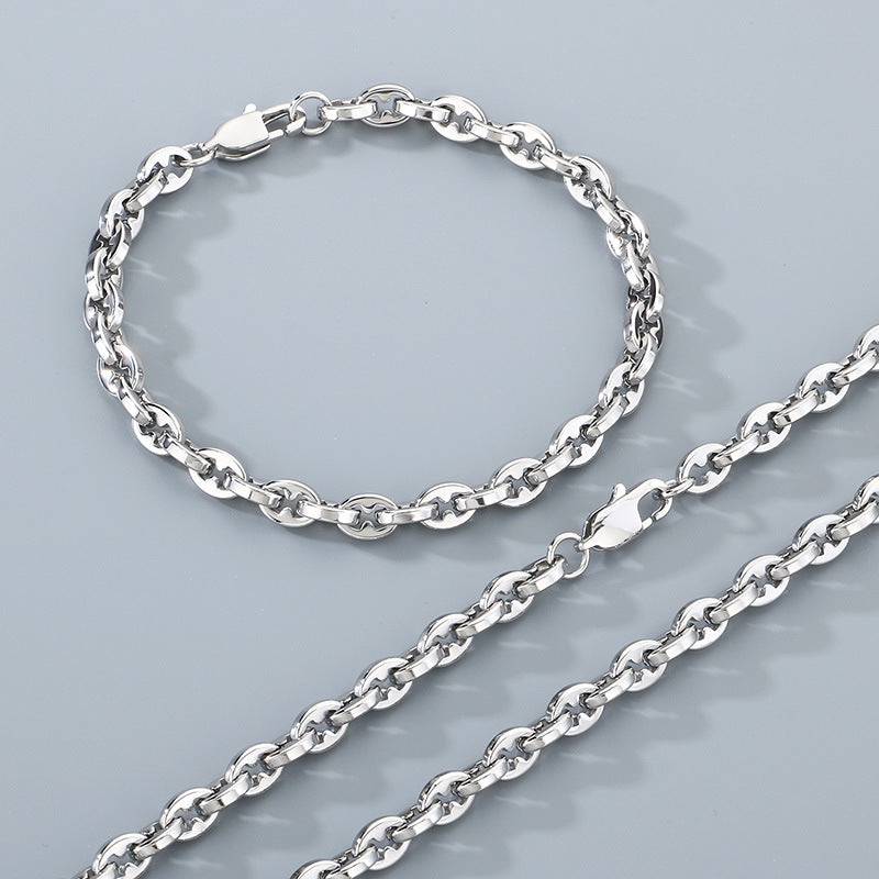 Mens 6mm Stainless Steel Bracelet And Necklace Set Buckle