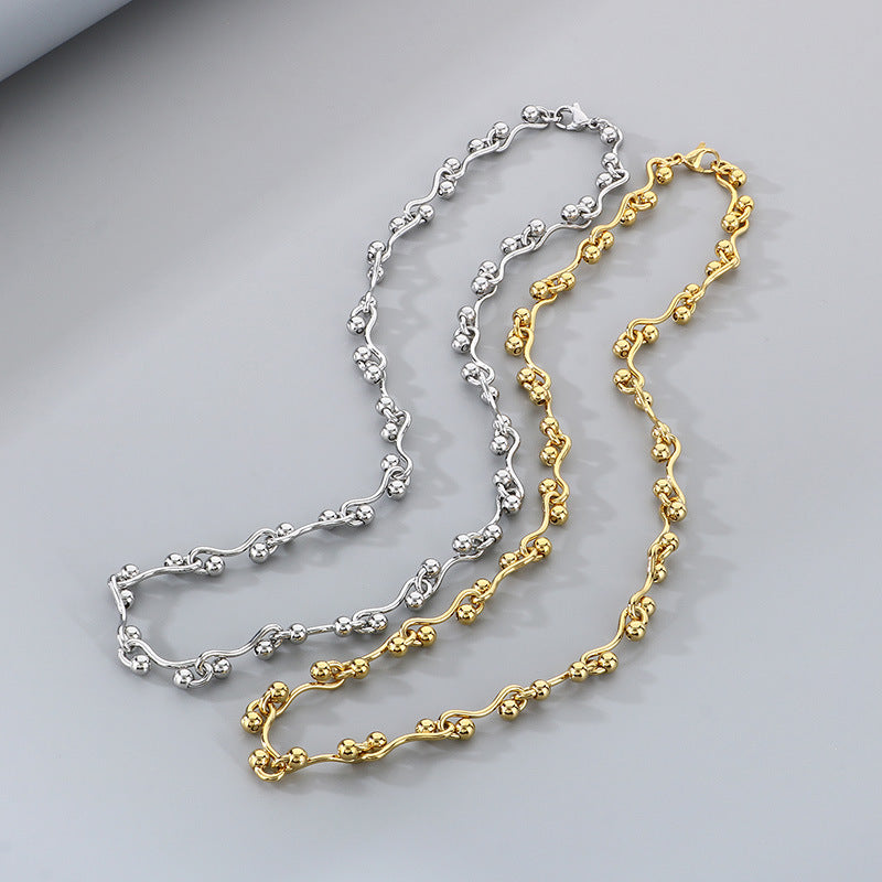 Premium Sense Interlocking Stainless Steel Necklace Women's'S Special-Shaped Twisted Line Round Bead Splicing