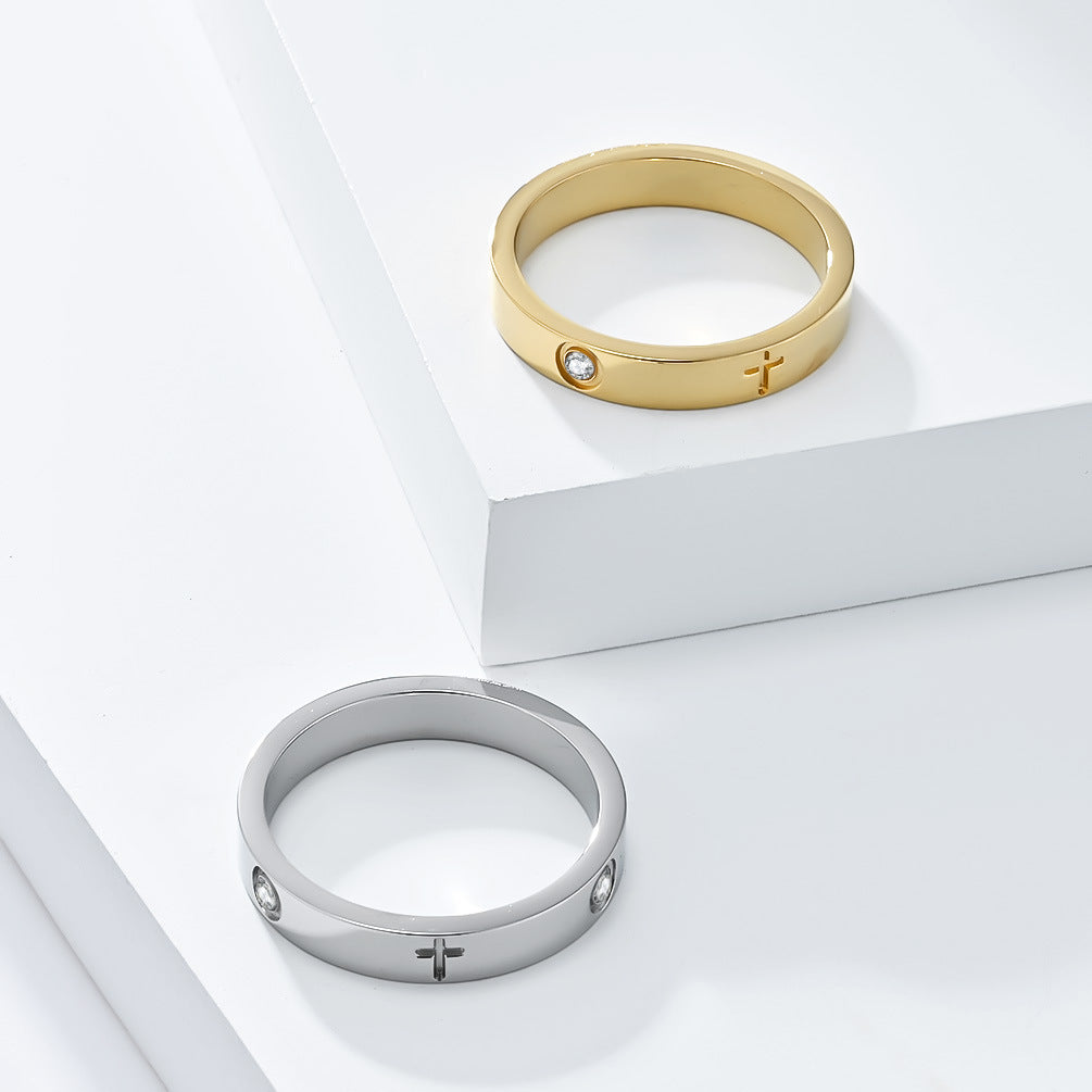 Planderful Zircon Ring For Women Cross Design Titanium Steel Light Luxury Everyday Wear