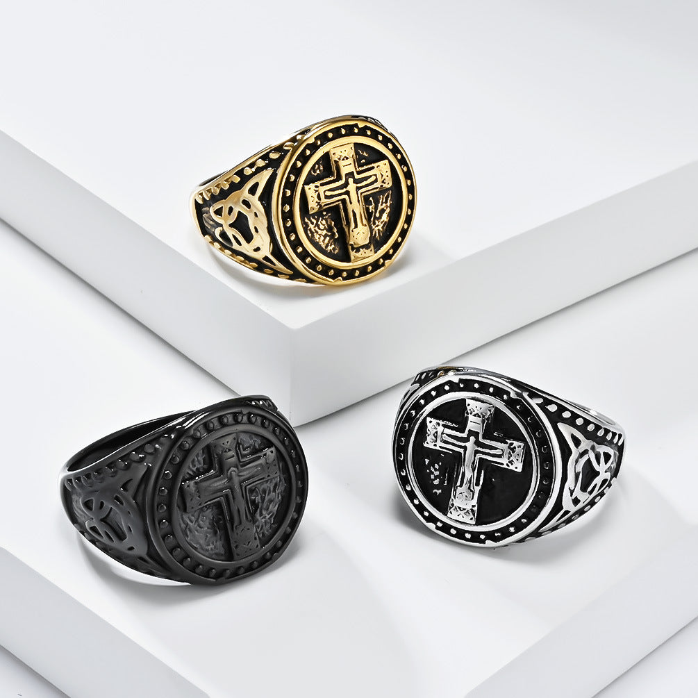 Planderful Titanium Cross Ring For Men Retro Punk Style Everyday Wear Hip Hop Jewelry