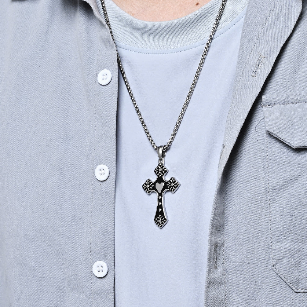 Cross-Border Retro Love-Shaped Cross Necklace Stainless Steel Quality Men's Pendant Wholesale Jewelry