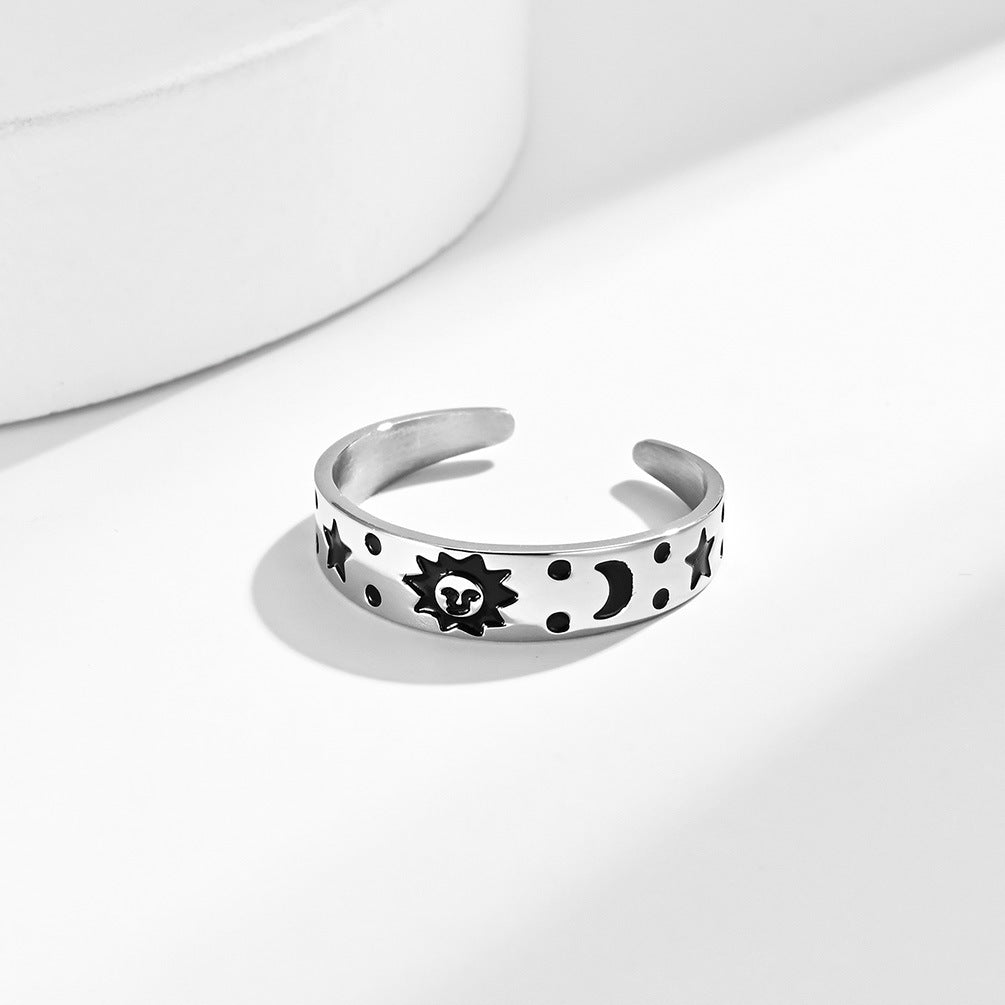 Planderful Titanium Steel Ring Unisex Adjustable Sun Star Smiling Face Jewelry Retro Style