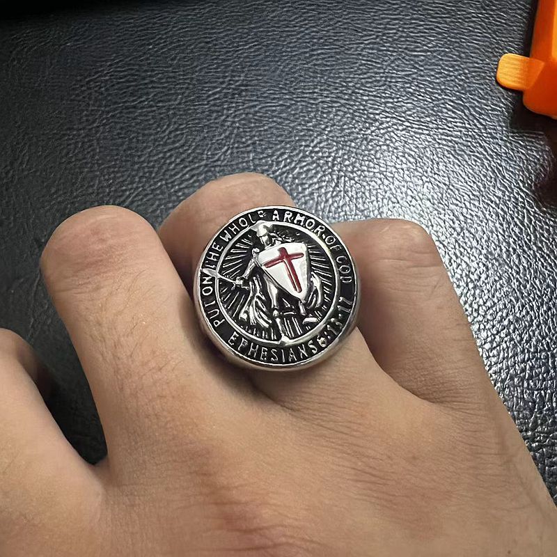 Planderful Everyday Genie Titanium Steel Gold Plated Ring Red Cross Shield For Men Hip Hop Style