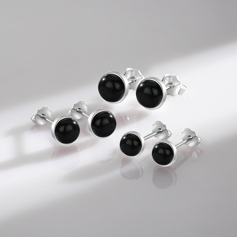 925 Sterling Silver Black Black Agate Stud Earrings