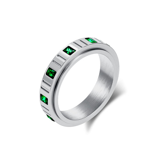 Planderful Everyday Genie Rotating Ring Green Zircon For Women Stainless Steel Elegant Decompression Jewelry