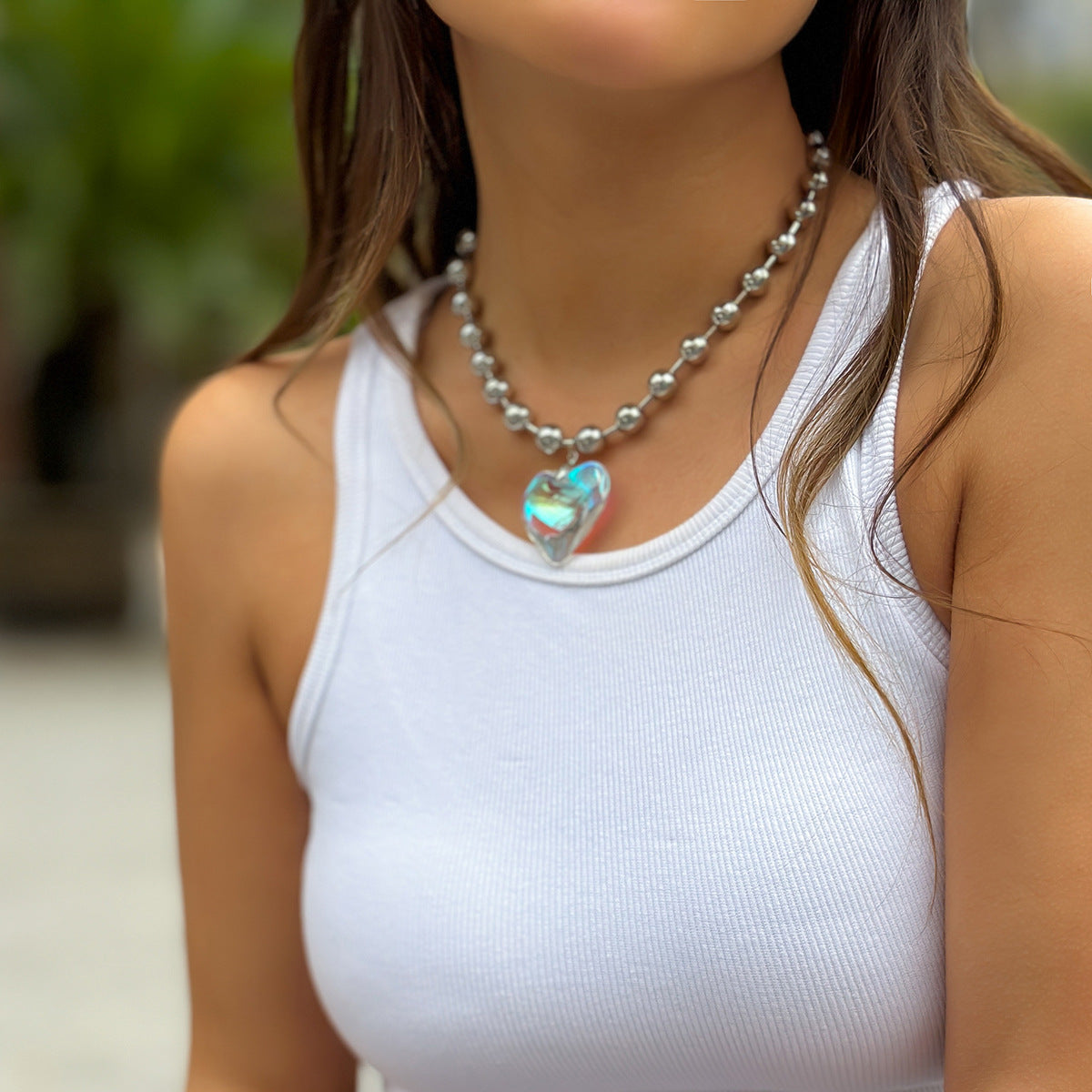 Colorful Peach Heart Pattern Heart-Shaped Beaded Chain Necklace