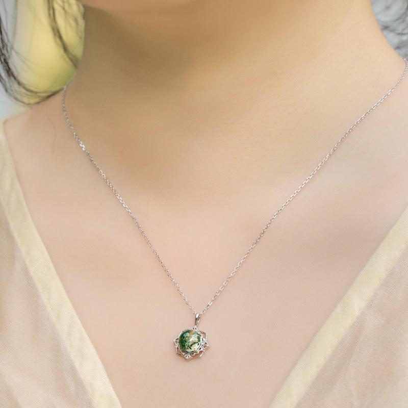 Planderful Jewelry Green Moss Agate Necklace Sterling Silver