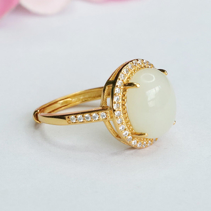 Sterling Silver Jade Halo Ring with Zircon Accent