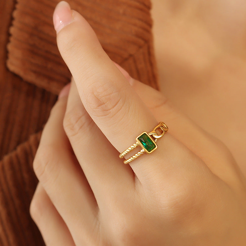Green and White Zircon Open Ring with Korean-Inspired Design