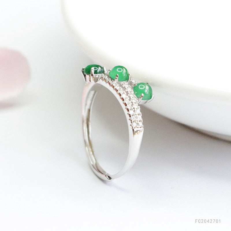 Icy Green Jadeite Triple-Life 925 Silver Ring