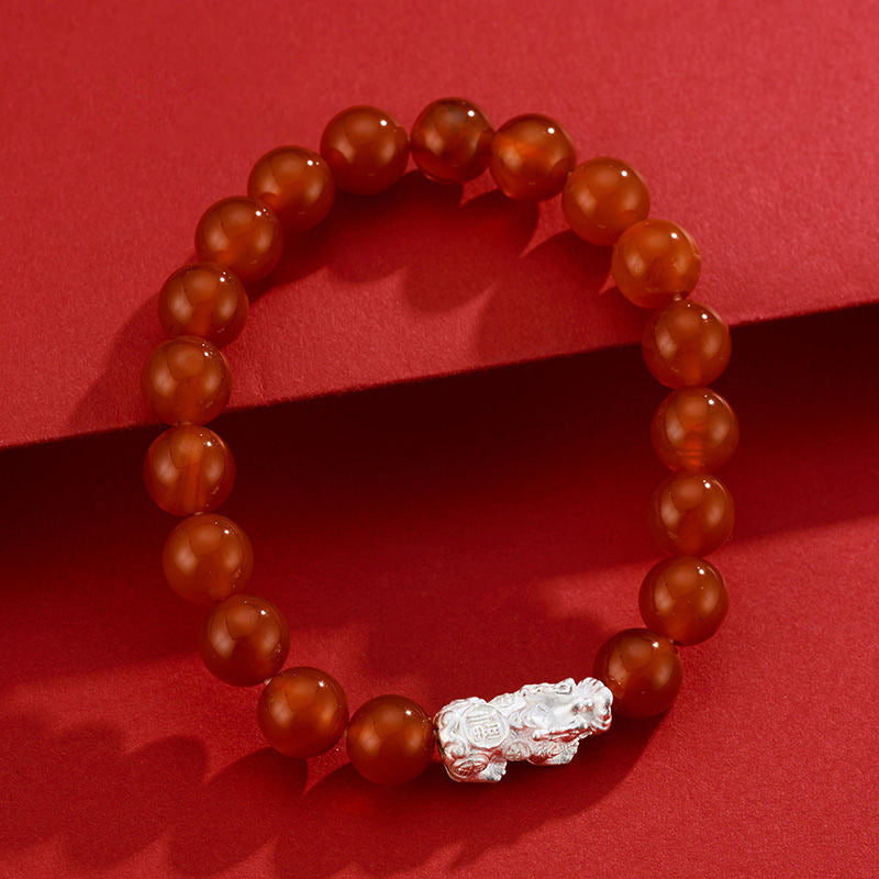 Sterling Silver Pixiu Bracelet with Natural Red Agate - Elegant Gift for Mother