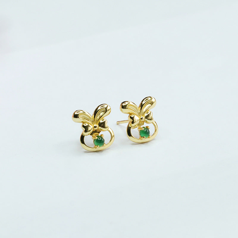 Whimsical Rabbit Bow Earrings with Natural Ice King Green Jade