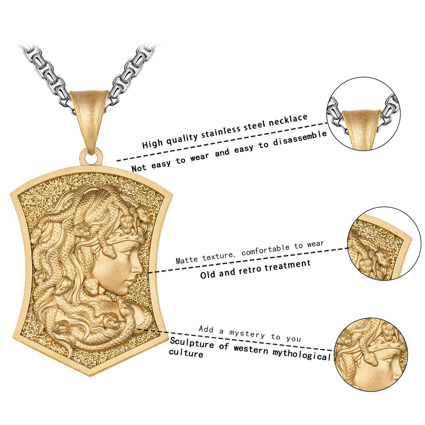 Steel Necklace – Vintage Medusa Shield Pendant