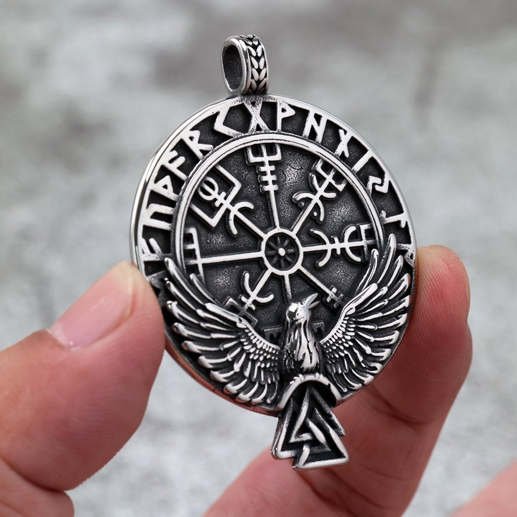 Planderful Viking Rune Compass Pendant Unisex Necklace Double Sided Retro Stainless Steel