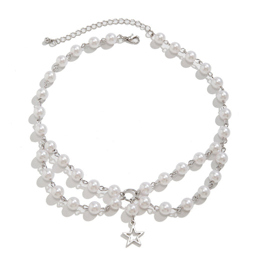 Cross-border Spice Girl Star Sweet Choker Necklace with Imitation Pearls and Metal Beads