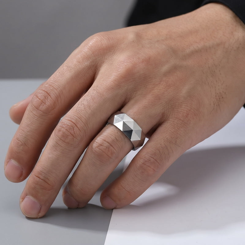 Niche Creative Geometric Ring, Punk Style Retro 8mm Rhombus Cut Stainless Steel Men's