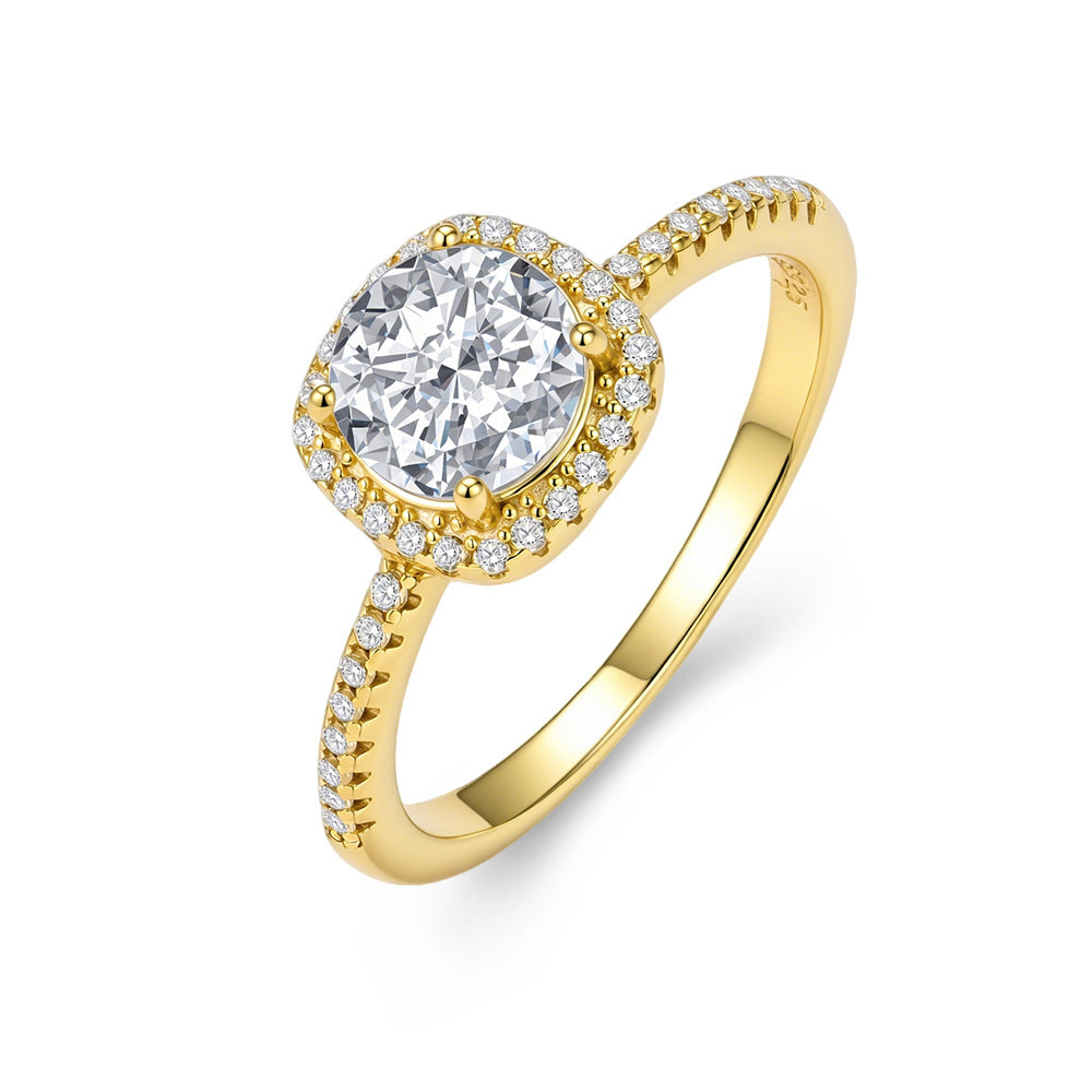 925 Sterling Silver Small Sugar Cube One Carat Simulation Diamond Zircon Ring European,