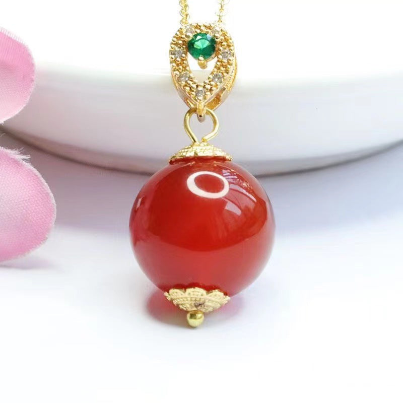 Natural Round Bead Red Agate Pendant Zircon Golden Necklace Jewelry