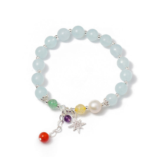 Fortune's Favor Sterling Silver Crystal and Aquamarine Bracelet with Freshwater Pearl and Strawberry Crystal Accents